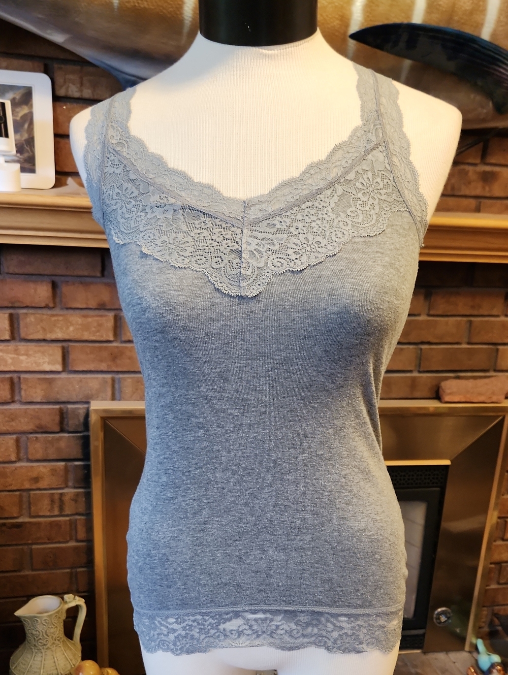 Gray Lace Trim Y2k Tank Top Festival Summer Beach Vacation Small